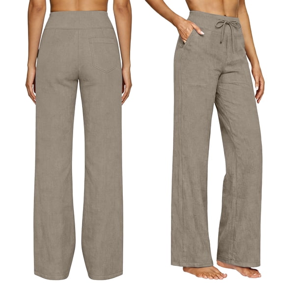 Womens Straight Leg Linen Style Pants, Drawstring Waist Loose Fit Casual Summer Beach Trousers with Pockets Camel 3XL