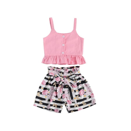 

Canrulo Infant Toddler Baby Girl Outfits Ruffle Sleeveless Top Vest with Floral Pants 2Pcs Set Summer Clothes Pink 3-4 Years
