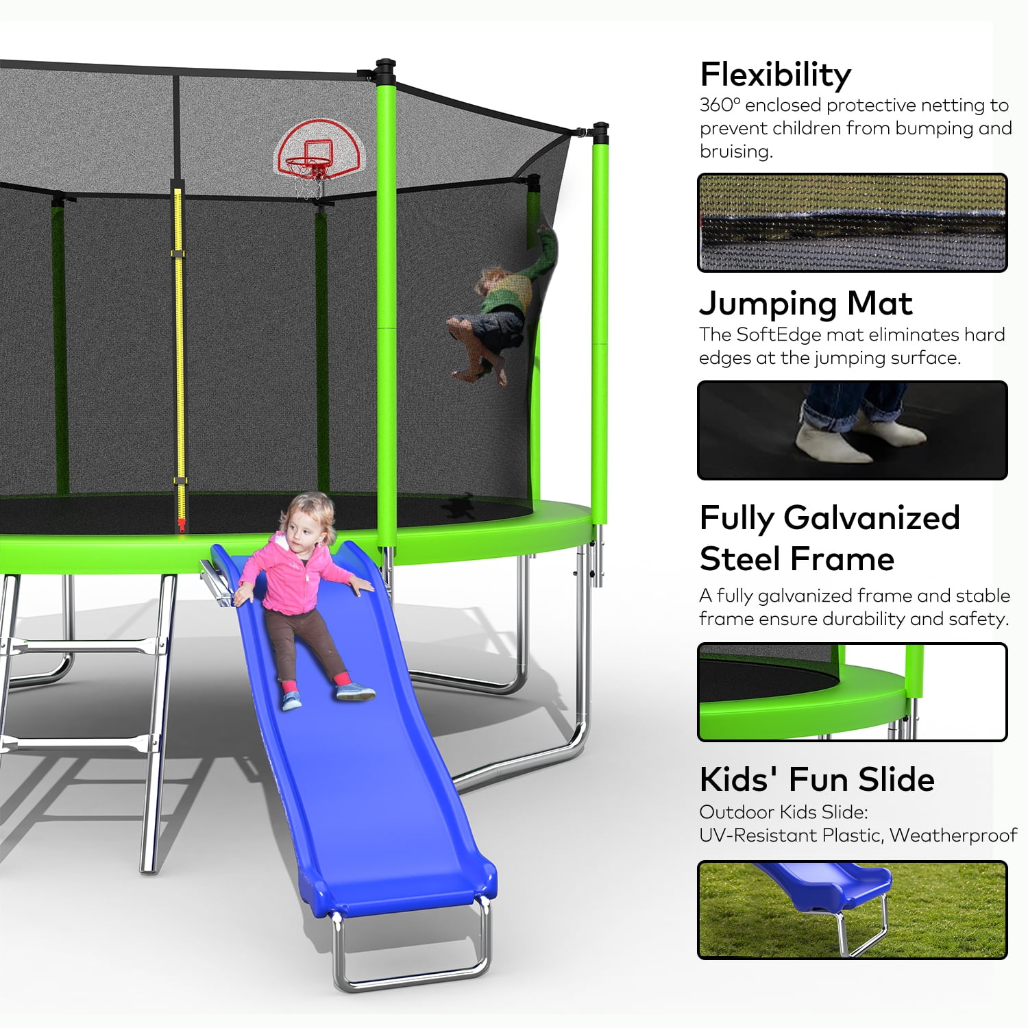Mersco 12FT Heavy Duty Trampoline with Enclosure Net , Slide Outdoor Big Trampoline for Backyard,Kids Trampoline with Basketball Hoop,Birthday and  Holiday Gifts for Kids,Green