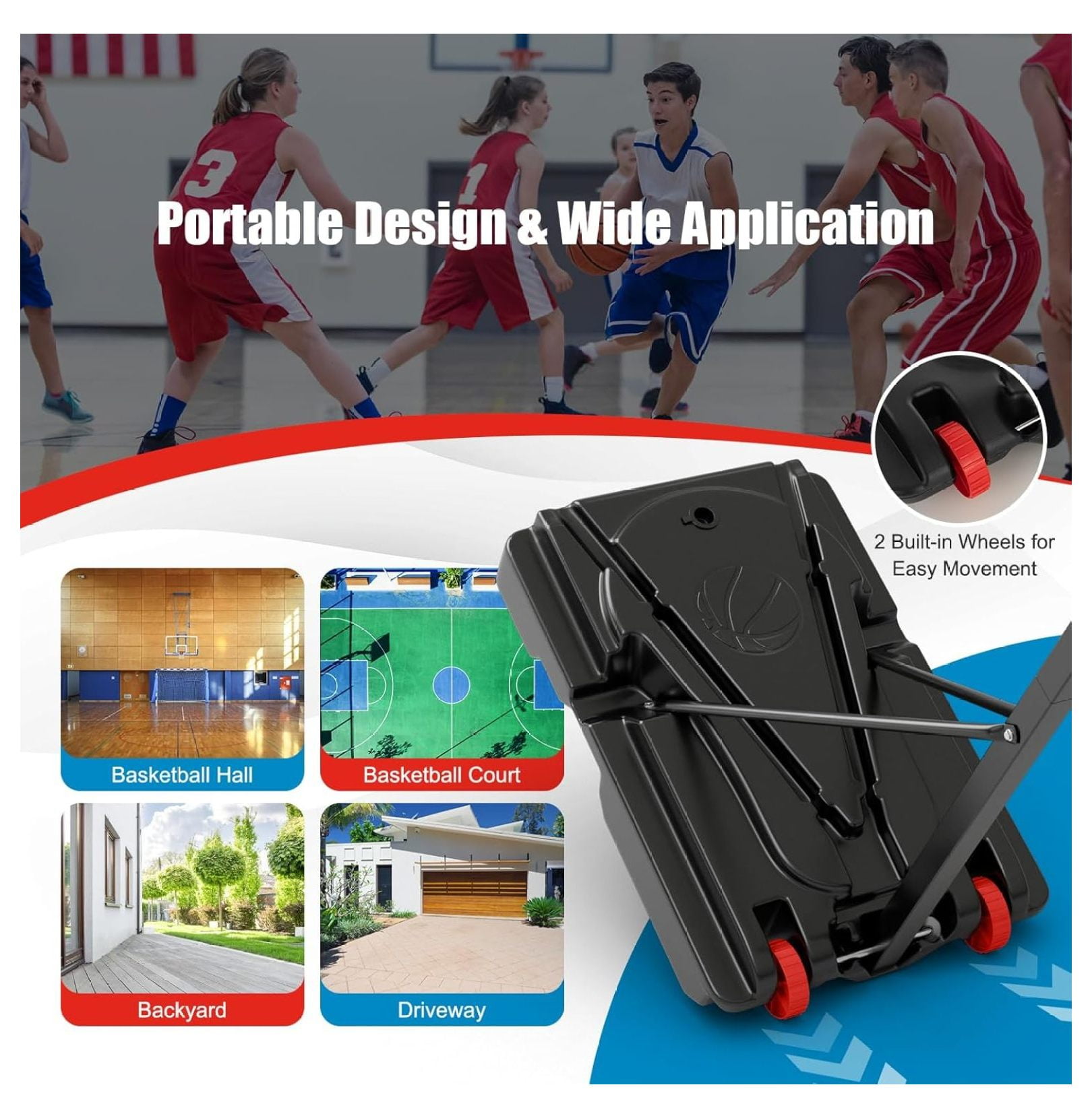 Portable Basketball Hoop, 5 FT to 10 FT Adjustable Basketball Goal with 10 Heights, All Weather Basketball Stand System with Weight Bag & Wheels, for Youth Adult, Indoor Outdoor Pool, Court