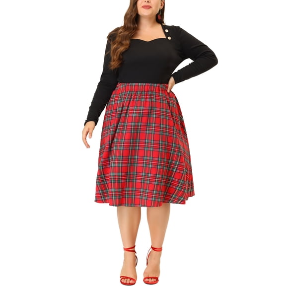 Agnes Orinda Women's Plus Size A Line Knee Length Flare Plaid Skirts 1X Red