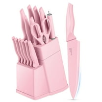 Vesteel Knife Set for Kitchen with Block, 15 Pcs High Carbon Stainless Steel Kitchen Knives Set with Sharpener Kitchen Shears - Pink