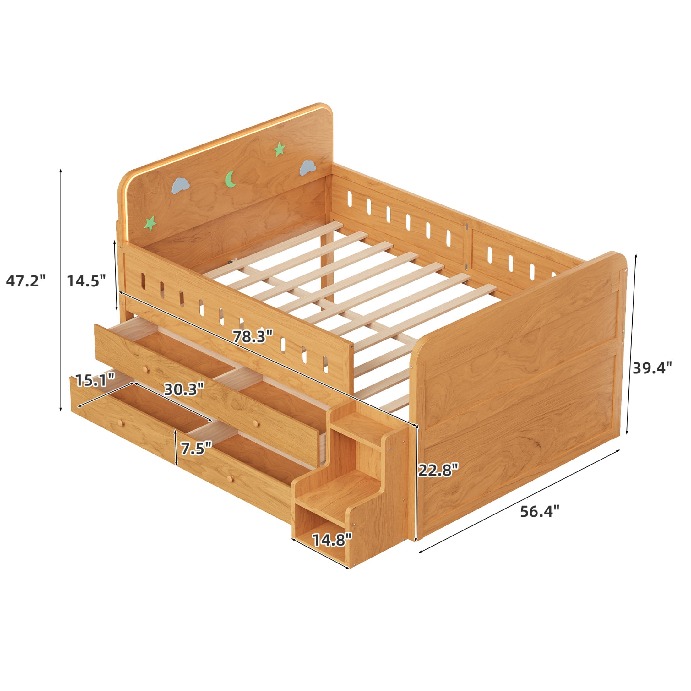 Alvantor Full Size Wooden Bed with LED Light,4 Storage Drawers and Ladder Storage, Wood Color