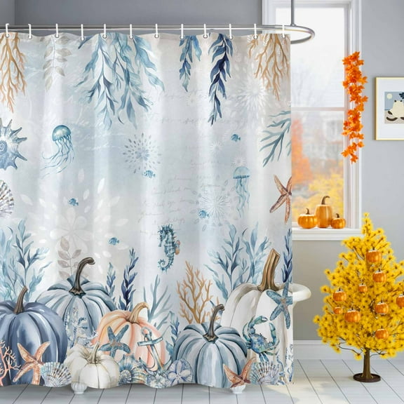 Shower Curtain Bathroom Set Blue Pumpkin Thanksgiving Sea Starfish Coral Waterproof Fabric Shower Curtains with Grommets&Hooks Gradient Ocean Style Privacy Bath Curtain for Bathtub 36x72in