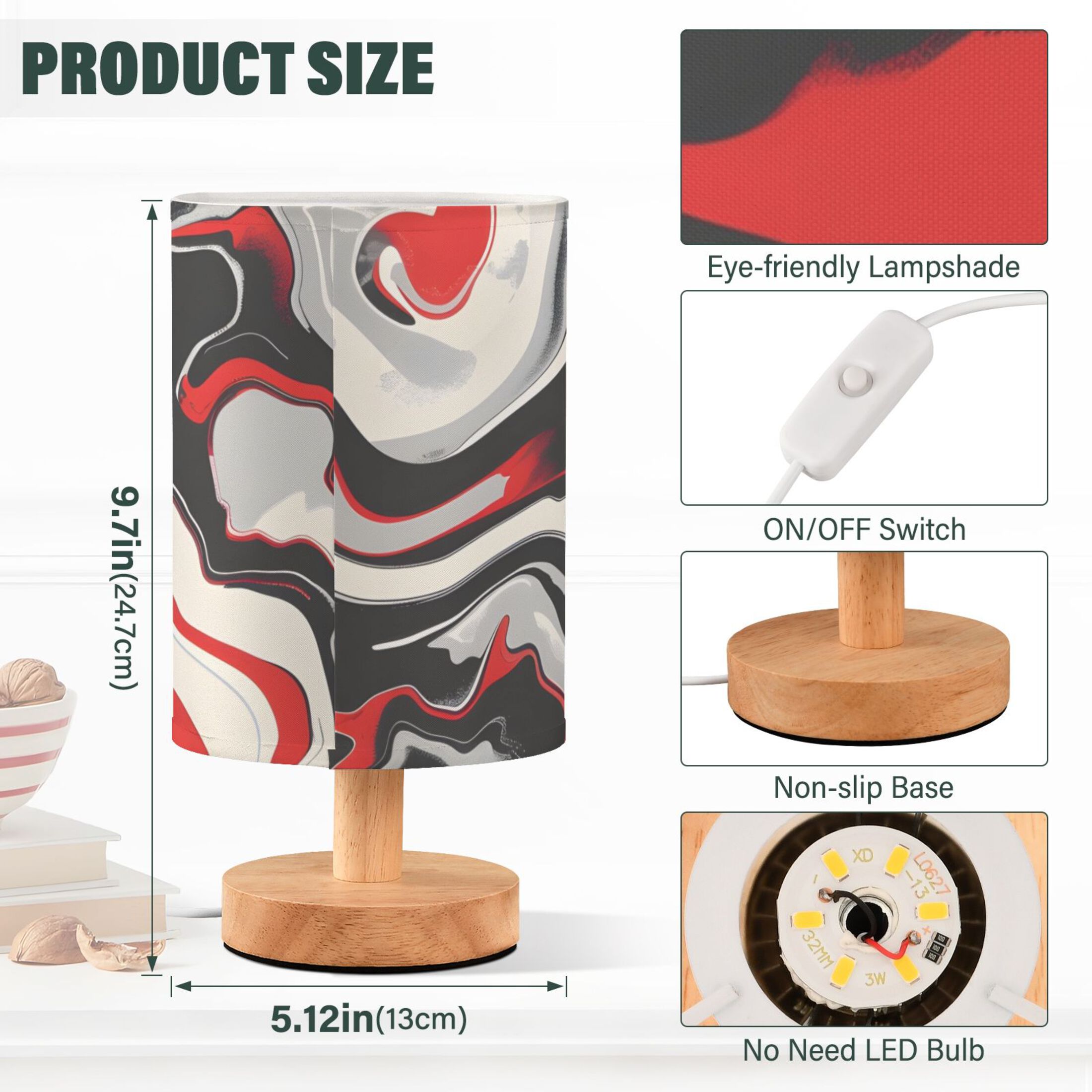 Red Black Liquid Marble Bedside Desk Lamp LED Table Nightstand Lamps Warm Light Fabric Lampshade for Home Bedroom Office Living Room Decor