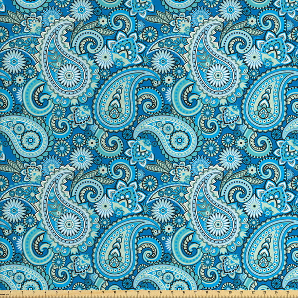 Blue Paisley Fabric by The Yard, Folk Ornament Flower Like Elements ...