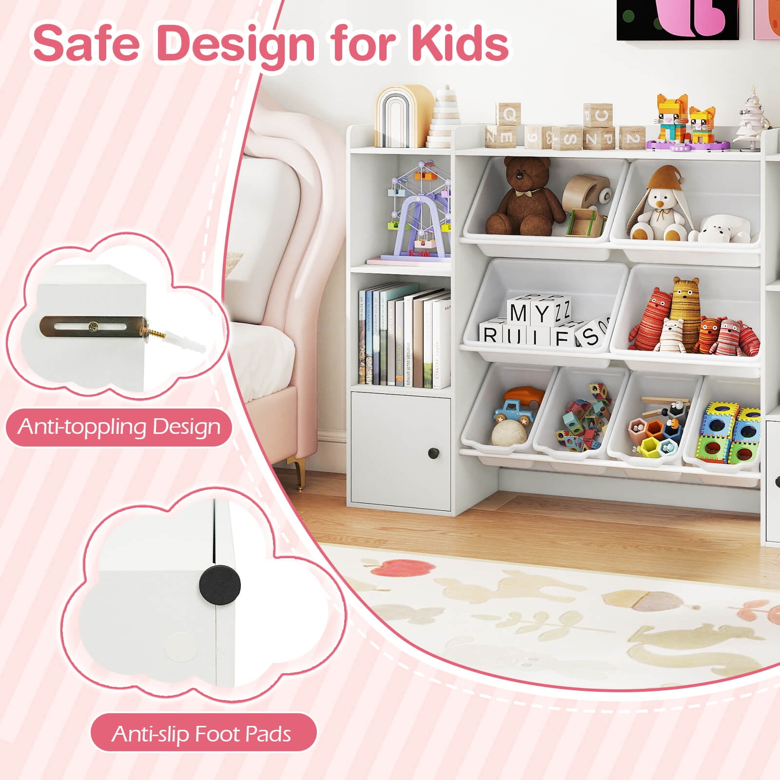 Costway Kids Toy Storage and Bookshelf with 8 Boxes Open Shelves & 2 Single-door Cabinets White
