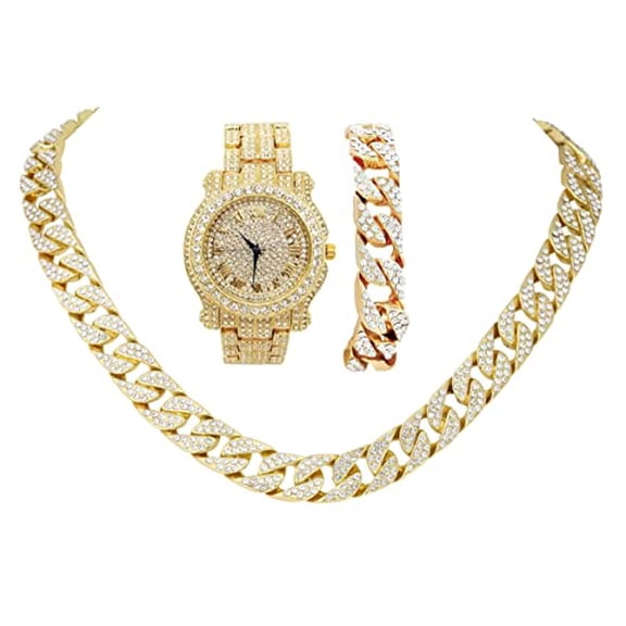 Charles Raymond Blinged Out Cuban Necklace w/ Matching Bracelet and Fire Iced Out Timepiece - Boujee 3pc Set - 2023 CNBW (L0504 Gld/Gld Classic)