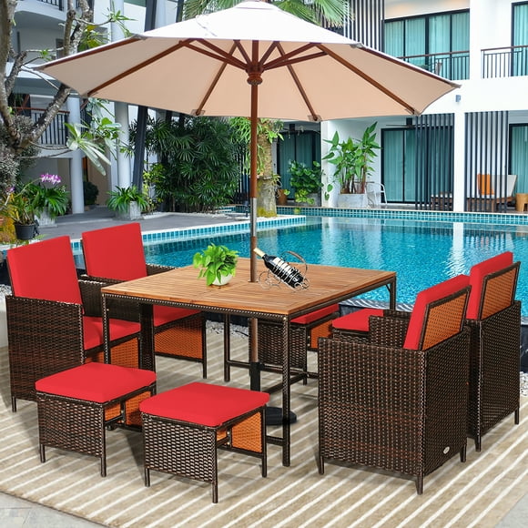 Costway 9PCS Patio Rattan Dining Set Cushioned Chairs Ottoman Wood Table Top Outdoor