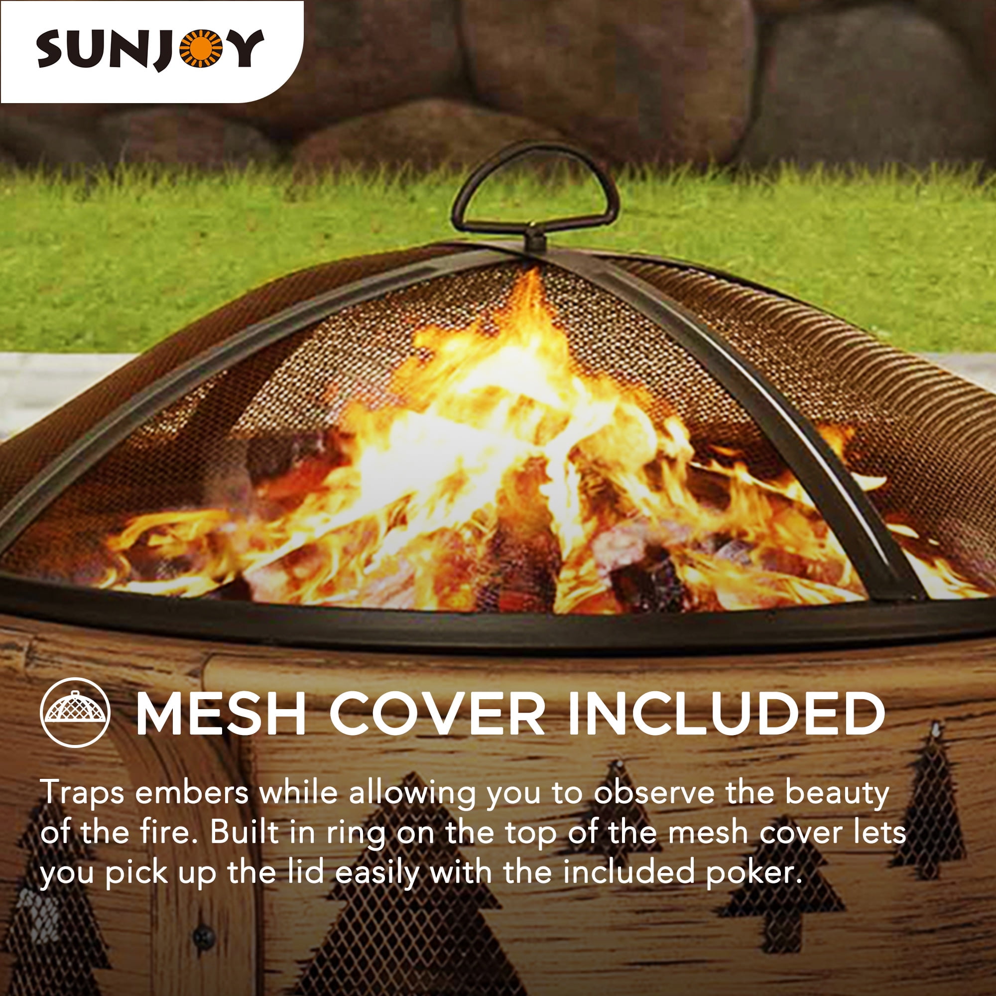SUNJOY Fire Pit 30 Inch Outdoor Wood-Burning Portable Fire Pit, Patio Tree Motif Round Steel Firepit Large Fire Pits for Outside with Spark Screen and Poker