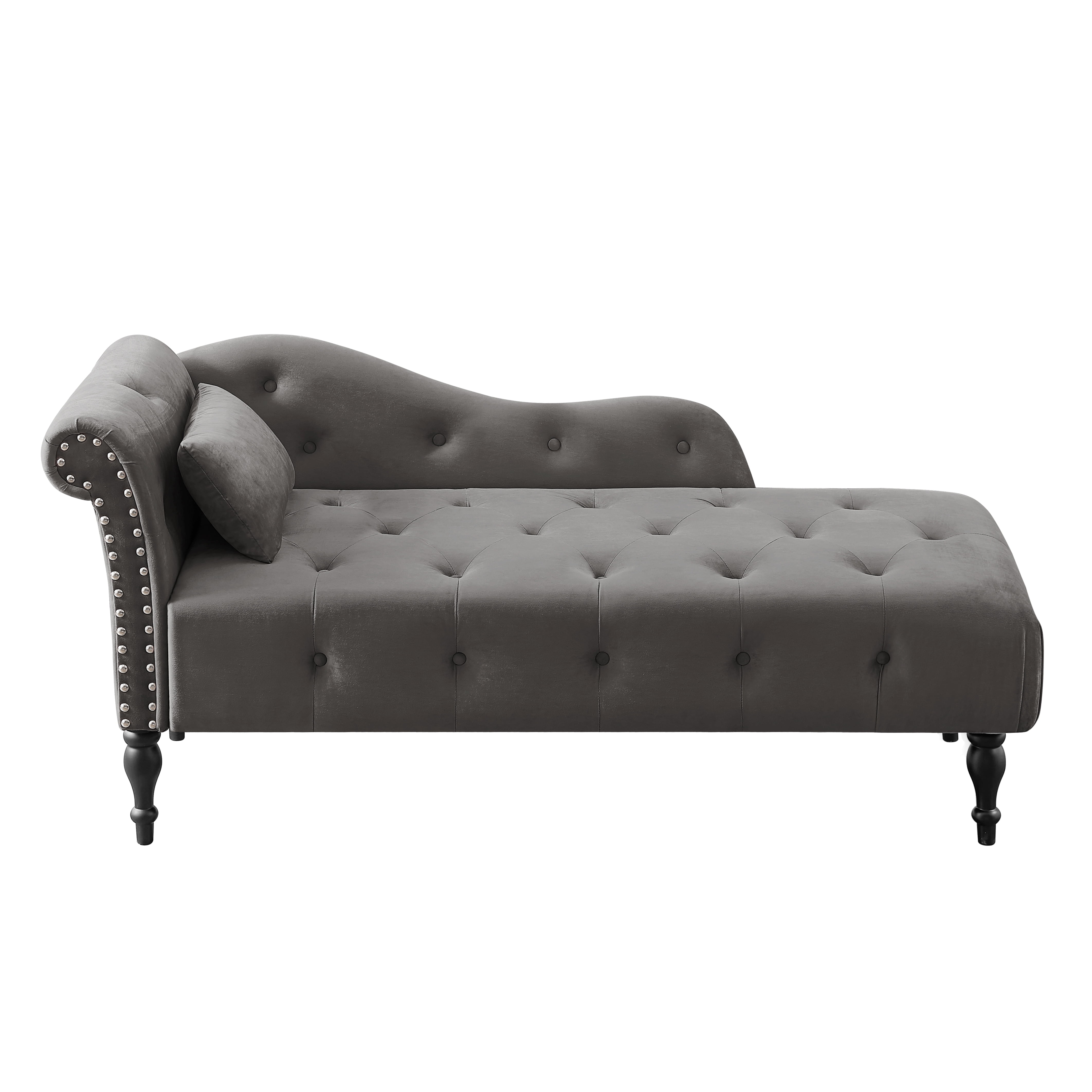 Miniyam Velvet Chaise Lounge, Tufted Accent Chaise Chair with Pillow for Living Room Bedroom, Gray