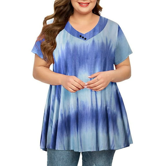 PATLOLLAV Womens Blouses,Ladies Plus Size Tops Tie-Dye Print Short Sleeve V-Neck Pleated Hem Shirts