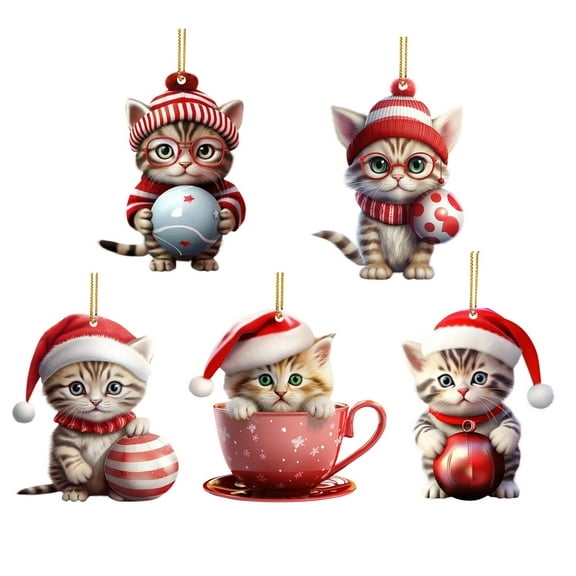 5-Piece Acrylic Christmas Cat Ornament Set For Tree And Home Decor With 8Cm Size