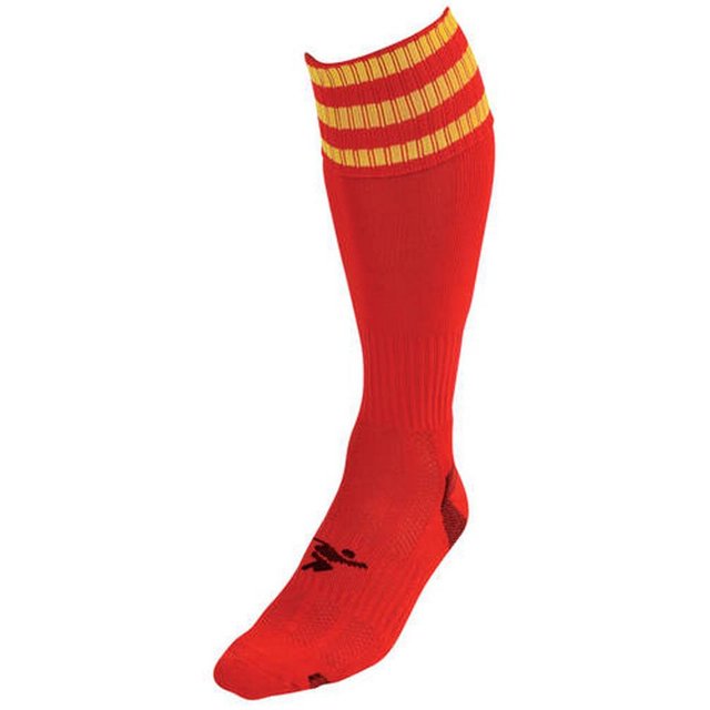 precision - medias de fútbol pro football para niños niñas (rojo/amarillo) calceta alta roja con puño a rayas amarillas, logotipo en empeine, materiales 60% nylon 40% algodón con ventilación y contorno para soporte; adecuada también como parte de equipación y para entrenamiento ligero.