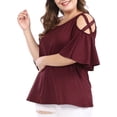 thumbnail image 3 of Unique Bargains Women's Plus Solid Strappy Cold Shoulder Trumpet Sleeve T-shirt, 3 of 5