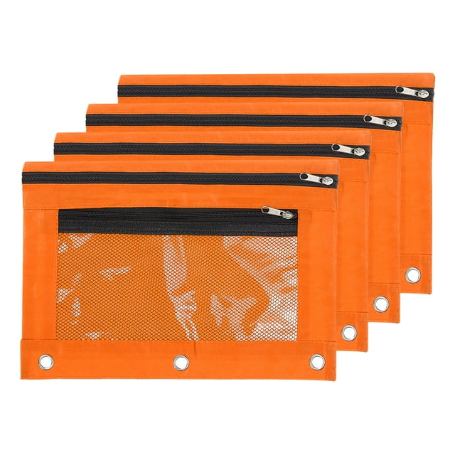 Unique Bargains Oxford Cloth Mesh Zipper Binder Pencil Case, Orange, 4 Pack