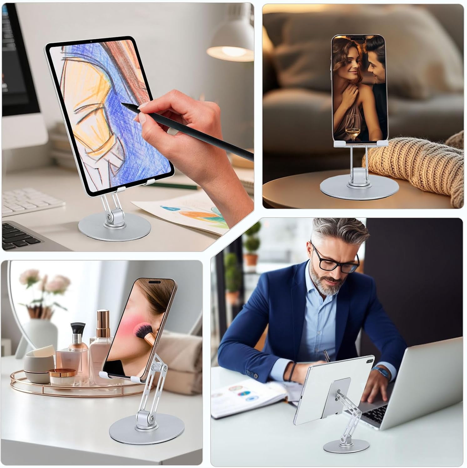 NEOYFC for  Phone Stand for Desk, No Wobble Heavy Base, Height Adjustable foriPhone & iPad Stand, 360° Rotating Foldable Phone Holder for Desk Office Home (4–11”)