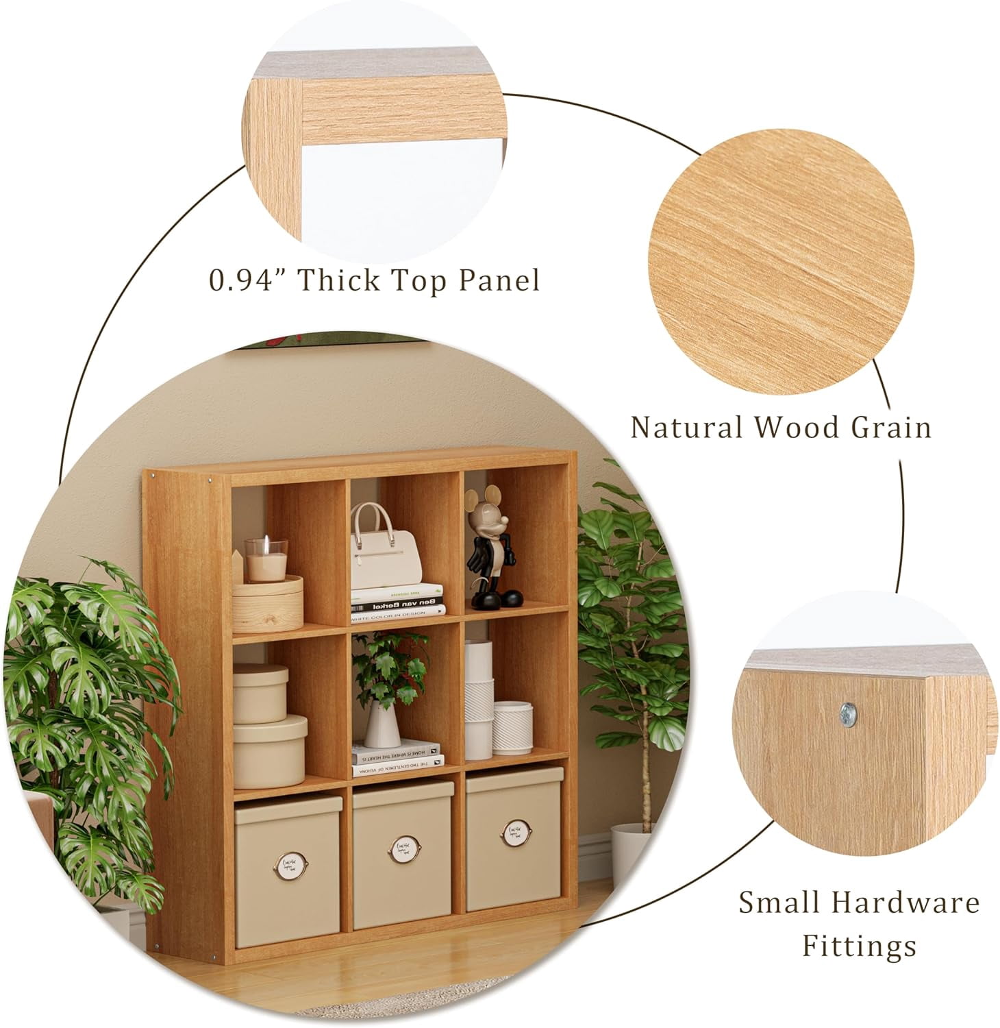 Anhdah 9 Cube Storage Organizer Bookshelf, Natural-Oak Wooden Bookcase Storage Shelf, Sturdy 9-Cube Organizer for Living Room, Bedroom, Home Office, Easy Assembly