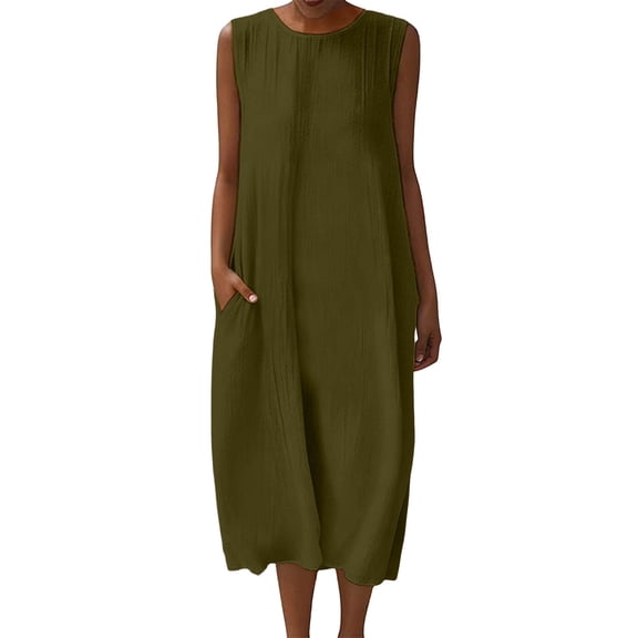 Bosfbaoi Women's Sleeveless Midi Dress, Loose Fit Casual Sundress with Pockets, Soft Breathable Solid Color Round Neck Tank Dress for Daily Summer Wear