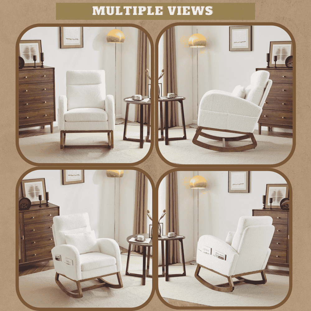 GVN Bedroom Rocking Chair Rocking Chairs & Gliders,White Rocking Chair Nursery With Thick Headrest, Modern Nursing Rocker Glider With Curved Armrest
