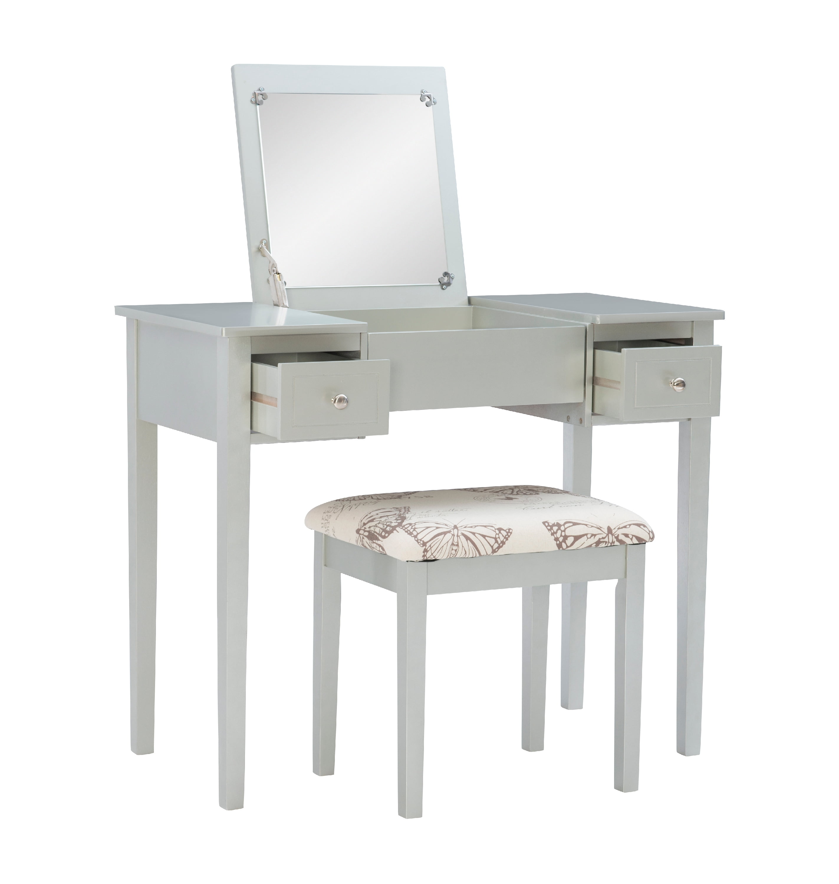 Ramsey Silver Flip-Top Mirror Vanity and Butterfly Upholstered Stool Set