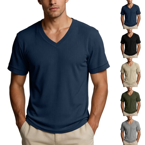 Stamzod Mens Shirts Summer V-Neck Corduroy Pullover Tops Loose Casual Short Sleeve T-Shirts Plus Size Men Clothing Army Green M