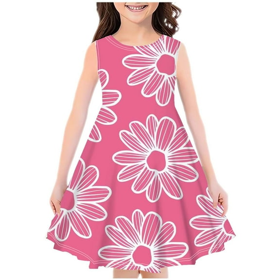 Girl's Summer Dress 4T 7-8Y Floral Sleeveless A-Line Swing Midi Sundresses Comfy Cotton Kids Gift Cute Pretty Dresses, Pink, 7 Years
