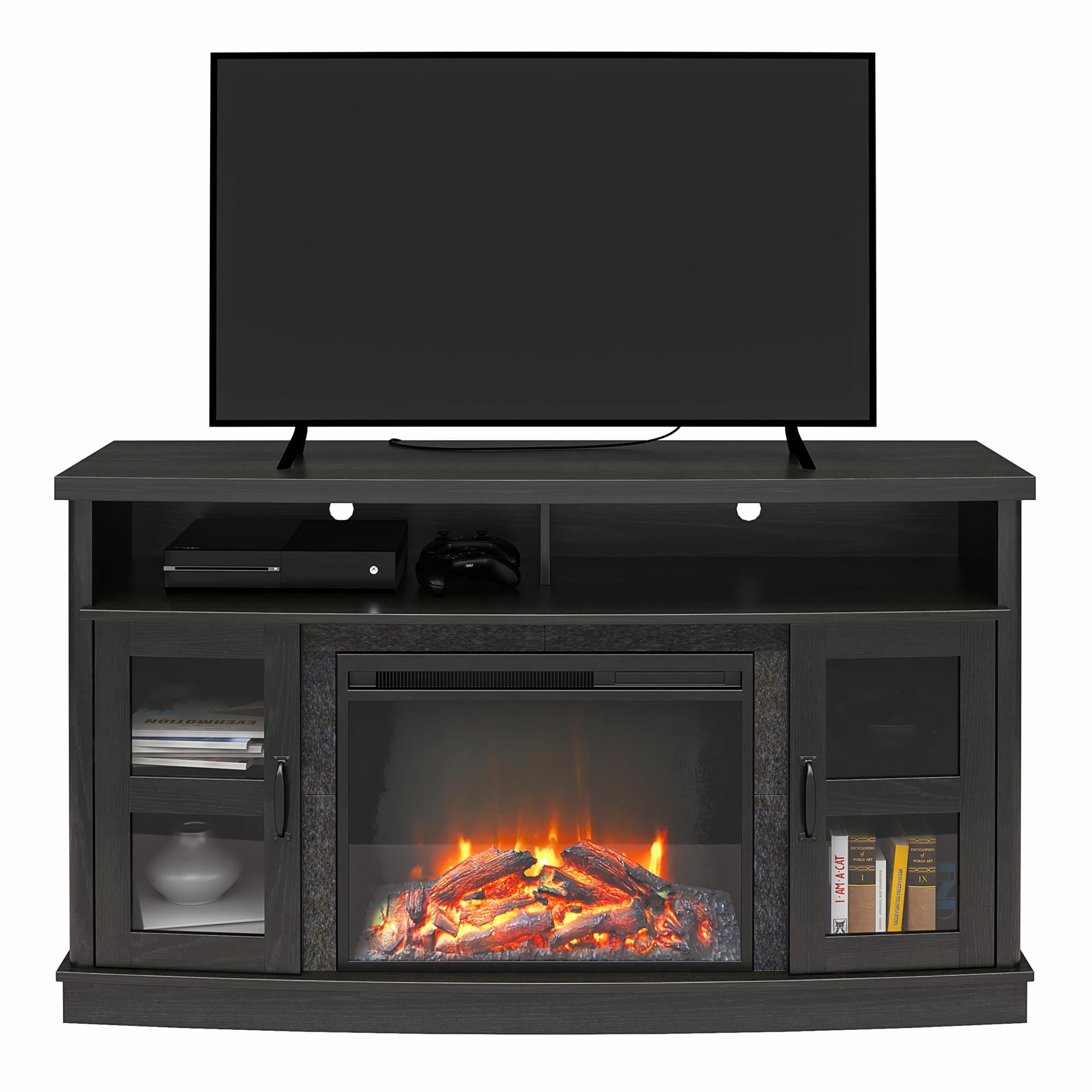 Ameriwood Home Brunswick Bay Fireplace Console with Glass Doors for TVs up to 60", Black Oak