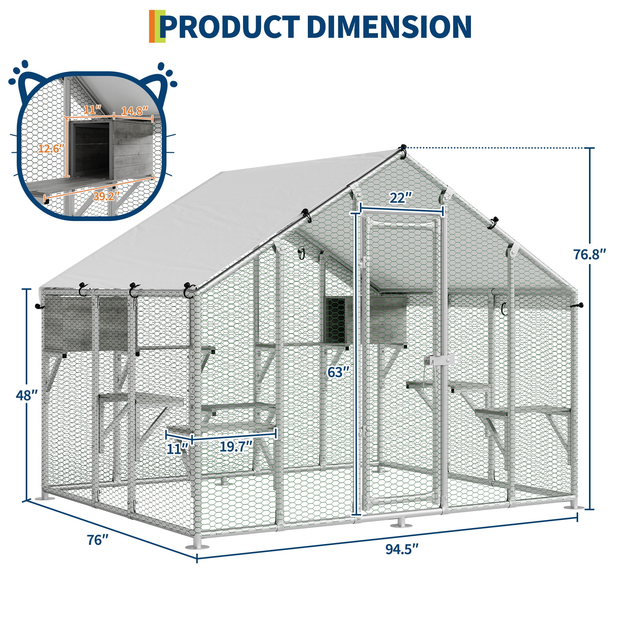 94.5" Large Outdoor Cat Enclosure (Catio) – Walk-In Design with 7 Platforms & 2 Condos
