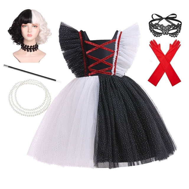 2022 blanco y negro bruja Cruella niñas disfraz dibujos animados Anime 101 dálmatas niños Cosplay Halloween carnaval fiesta TuTu Dress5-6T (Tag130) Gao Jinjia LED