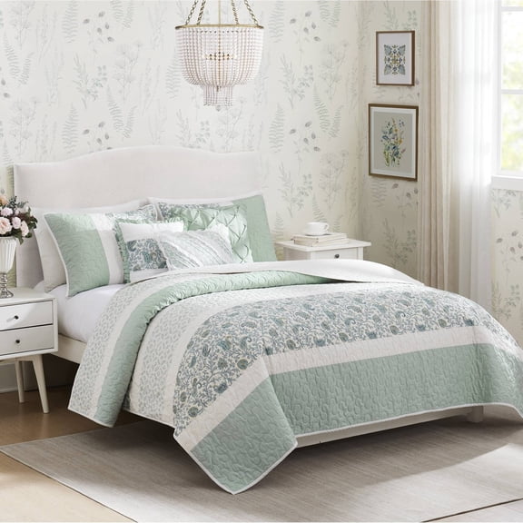 Aqua 6-Piece Cotton Percale Quilt Set with 3 Decorative Pillows, Full/Queen Size, Reversible Shabby Chic Bedding with Oeko-Tex Certification