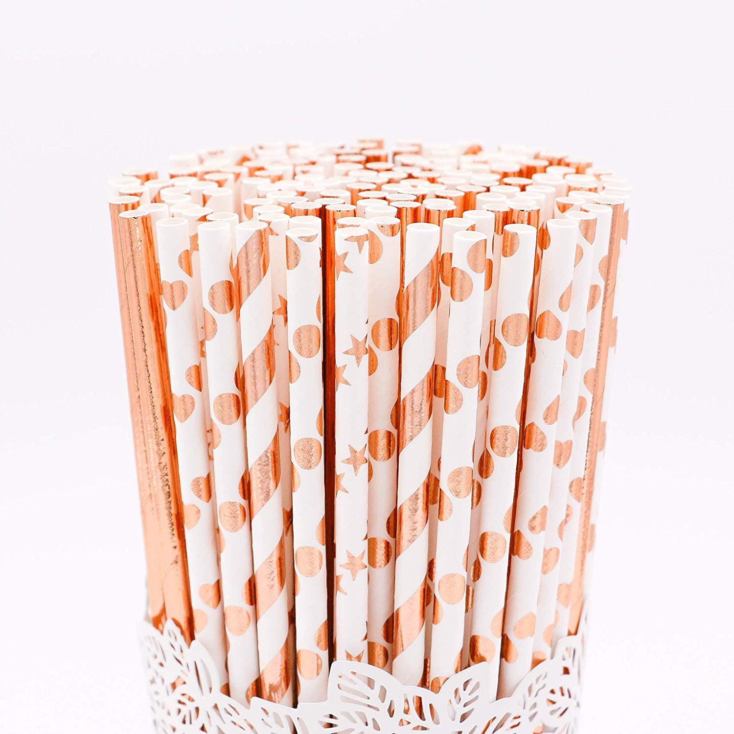 200Pack Biodegradable Rose Gold Paper Straws, 7.75'' Long, Eco