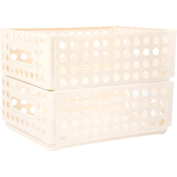 Elezeal 2 Pack Cream Foldable Plastic Basket with Handles, Stackable Bin Organizer for Home& Craft Storage
