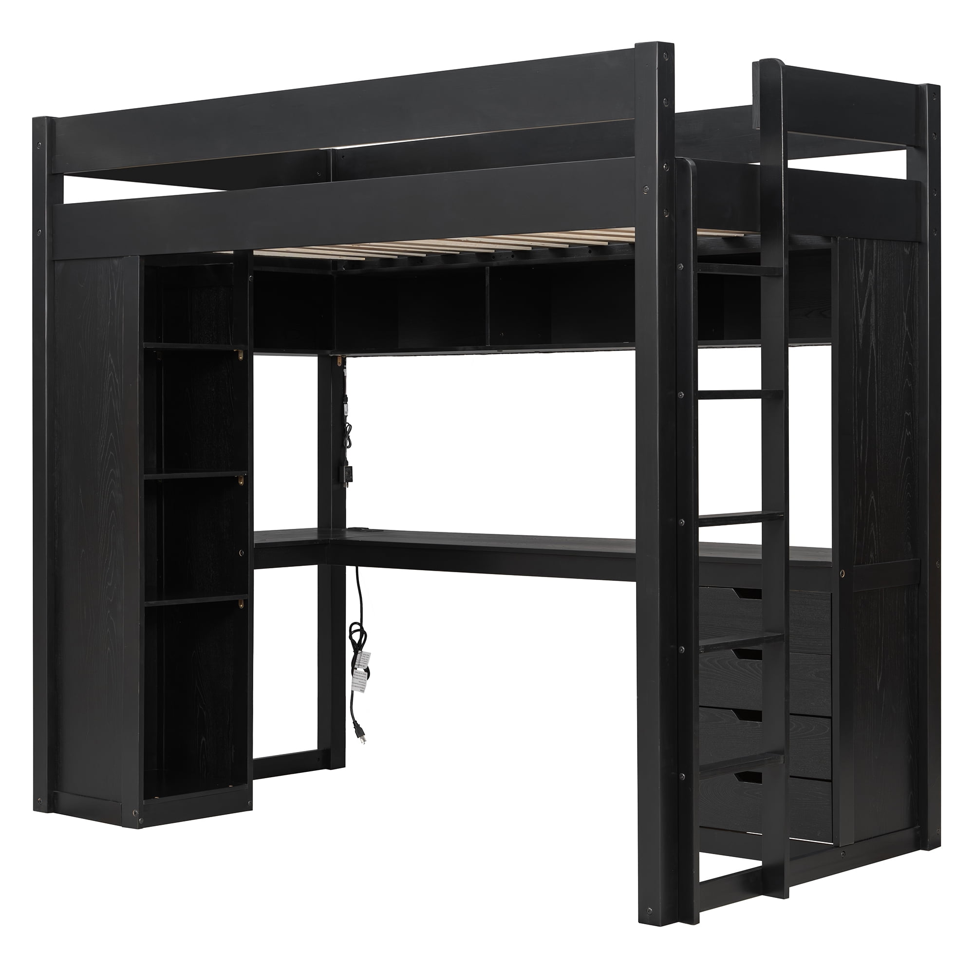 Mintazer Twin Loft Bed with L-Shaped Desk & Smart LED Lights and Charge Station, Modern Loft Bed with 4 Storage Drawers & Shelves, Black