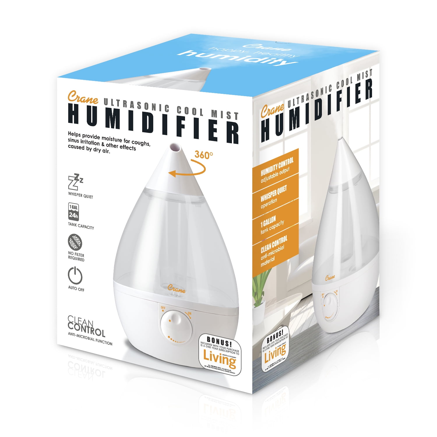 Crane USA Drop Ultrasonic Cool Mist Humidifier Clear and White