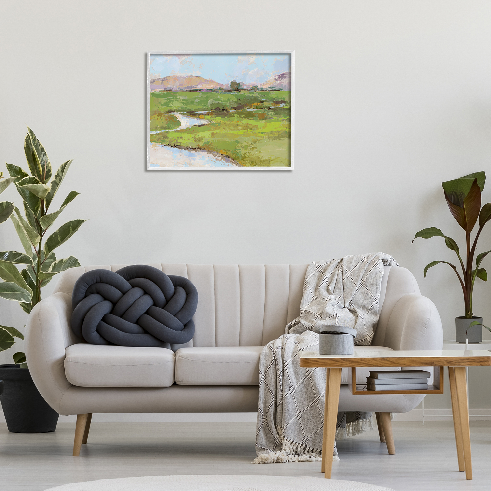 Stupell Industries Hillside Winding Stream Landscape Painting White Framed Art Print Wall Art, 30 x 24