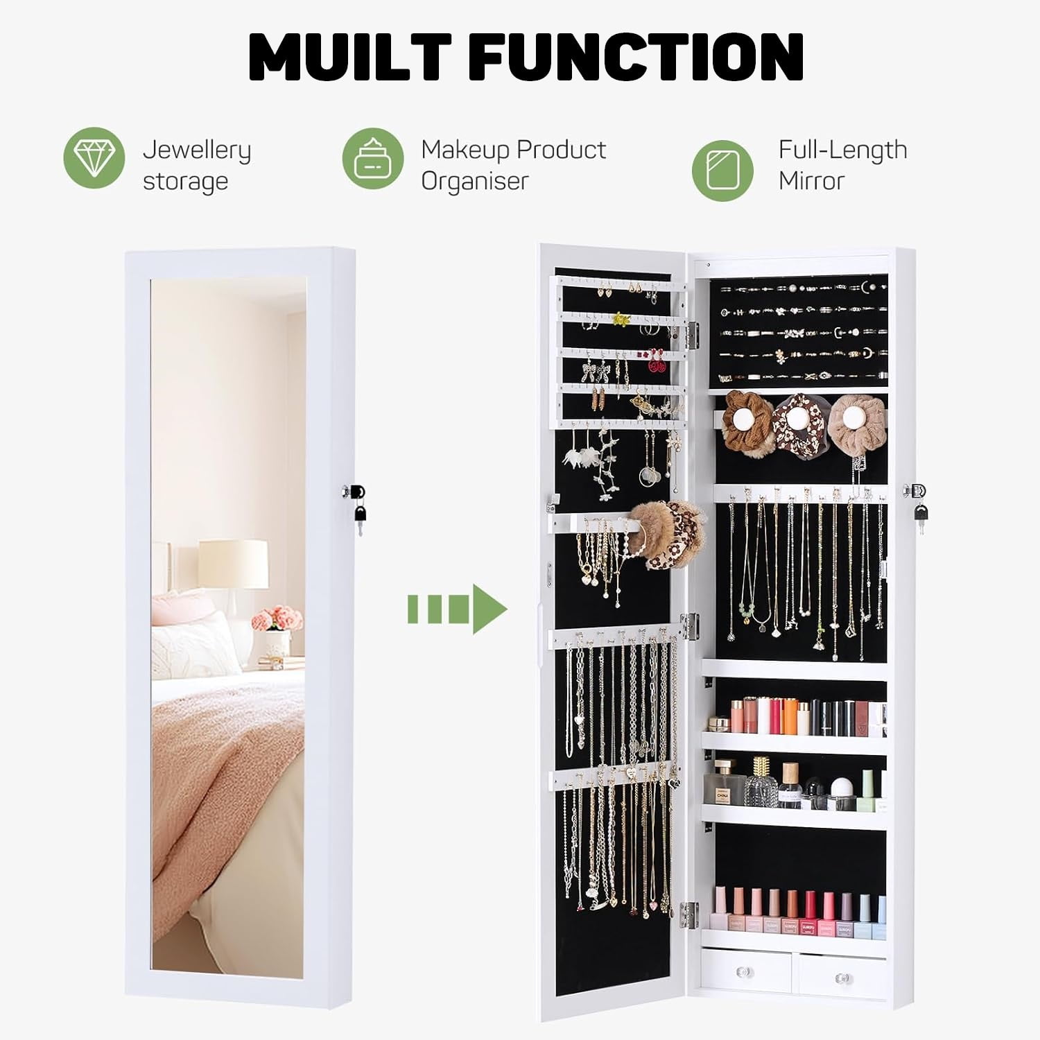 Aidoly Lighted Jewelry Cabinet with Full-Length Mirror, Wall/Door Mounted, 2-Drawer Storage, White