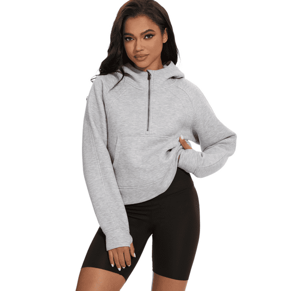 Xidunhg Women's Hoodies Half Zip Long Sleeve Fleece Lined Crop Pullover Sweatshirts with Pockets Thumb Hole Grey L
