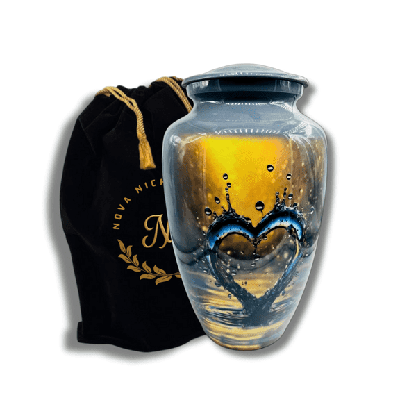 Nova Niche Heart-Shaped Water Splash Cremation Urn for Men & Women – Large Aluminium Adult Urn for Human Ashes – Handcrafted with Velvet Bag