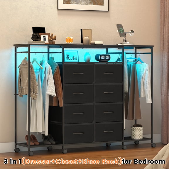 Frmobepts Dresser with Clothes Rack, 8 Drawers Dresser with Charging Station & LED Lights, Black Storage Unit with Wheels for Bedroom, Closet