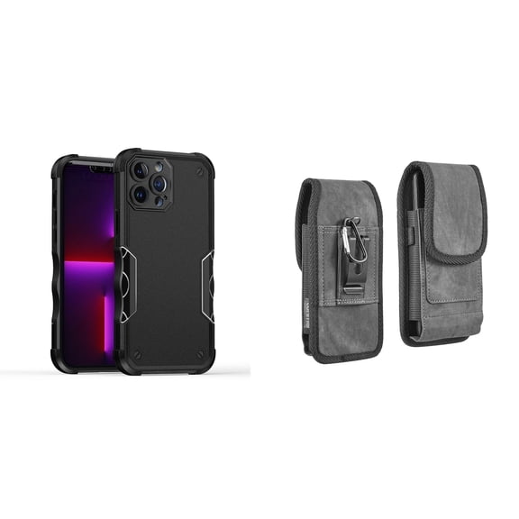 Case with Belt Holster Bundle for iPhone 14 Pro Max: Slim EX Hybrid Series Shockproof Case (Black) and Vertical Rugged Denim Nylon Phone Pouch