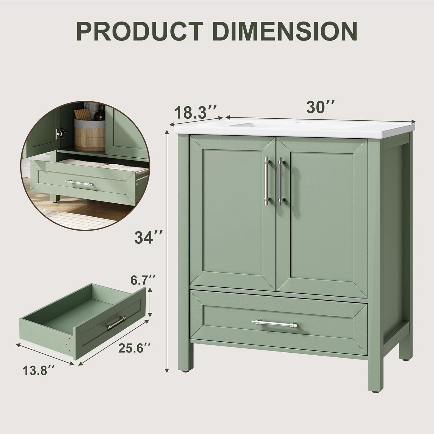 30" Bathroom Vanity with Sink, Vintage Bathroom Cabinet Vanity with Doors & Drawers, Farmhouse Wooden Freestanding Bathroom Cabinet with Top
