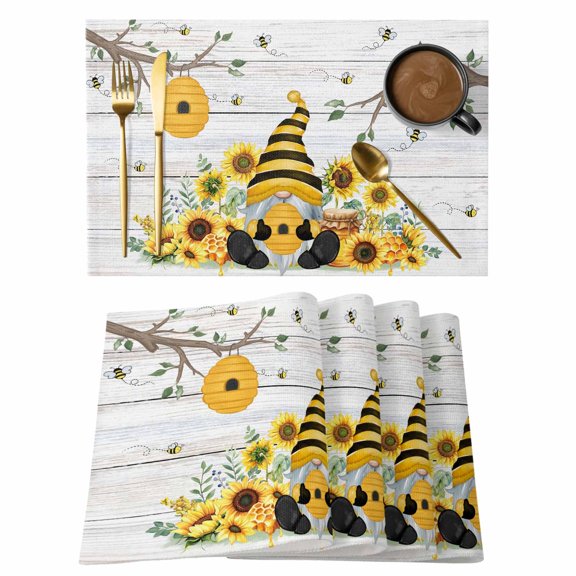 Gnomes Sunflower Placemats Set of 4, Bees Branches Floral Wooden Placemats for Dining Table, Place Mats for Kitchen Tabletop, Waterproof Wipeable Dining Table Mats Set
