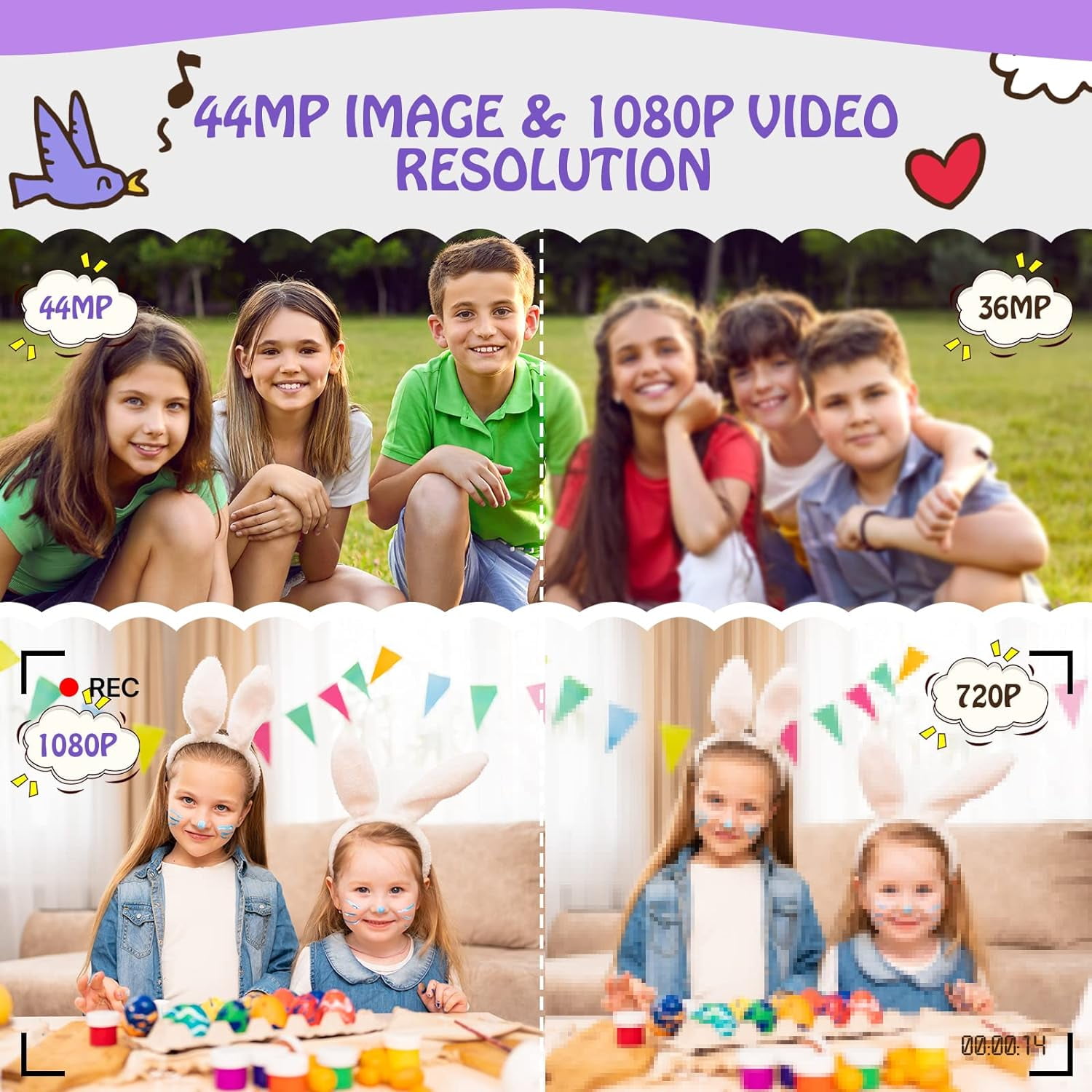 Digital Camera Kids Camera FHD 1080P 44MP Vlogging Camera with 16X Digital Zoom Portable Mini Digital Camera for Kids Teens Seniors with 32GB Card (Purple)