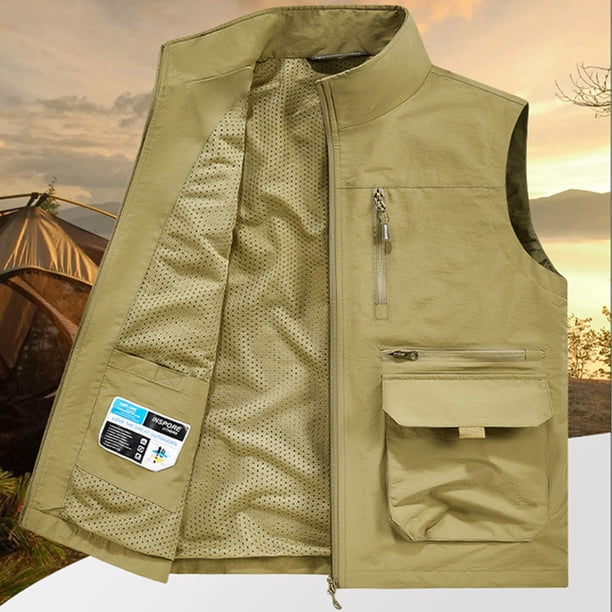 Camiseta sin mangas con cuello vuelto para hombre, informal, de color liso, con bolsillo y solapa, sin mangas, fina, para exteriores, con múltiples bolsillos, de poliéster.