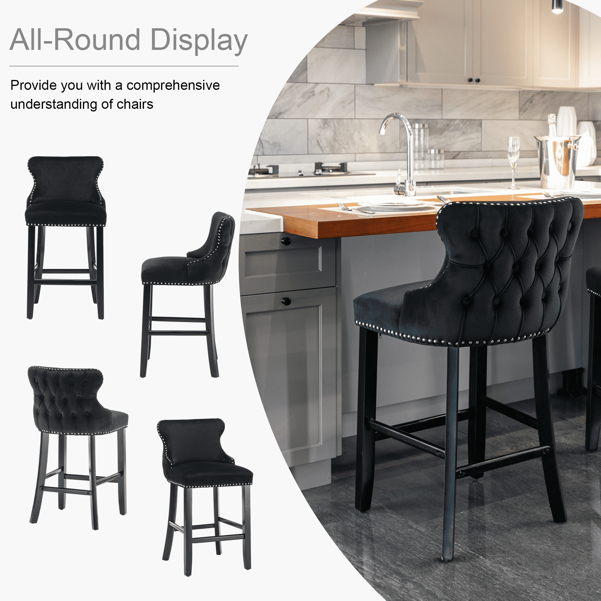 Velvet Counter Height Upholstered Barstools, Bar Stools Seat Height 27", Counter Height Armless Bar Chairs Button Tufted with Solid Wood Legs and Footrest for Kitchen Island Bar Area (Set of 6)