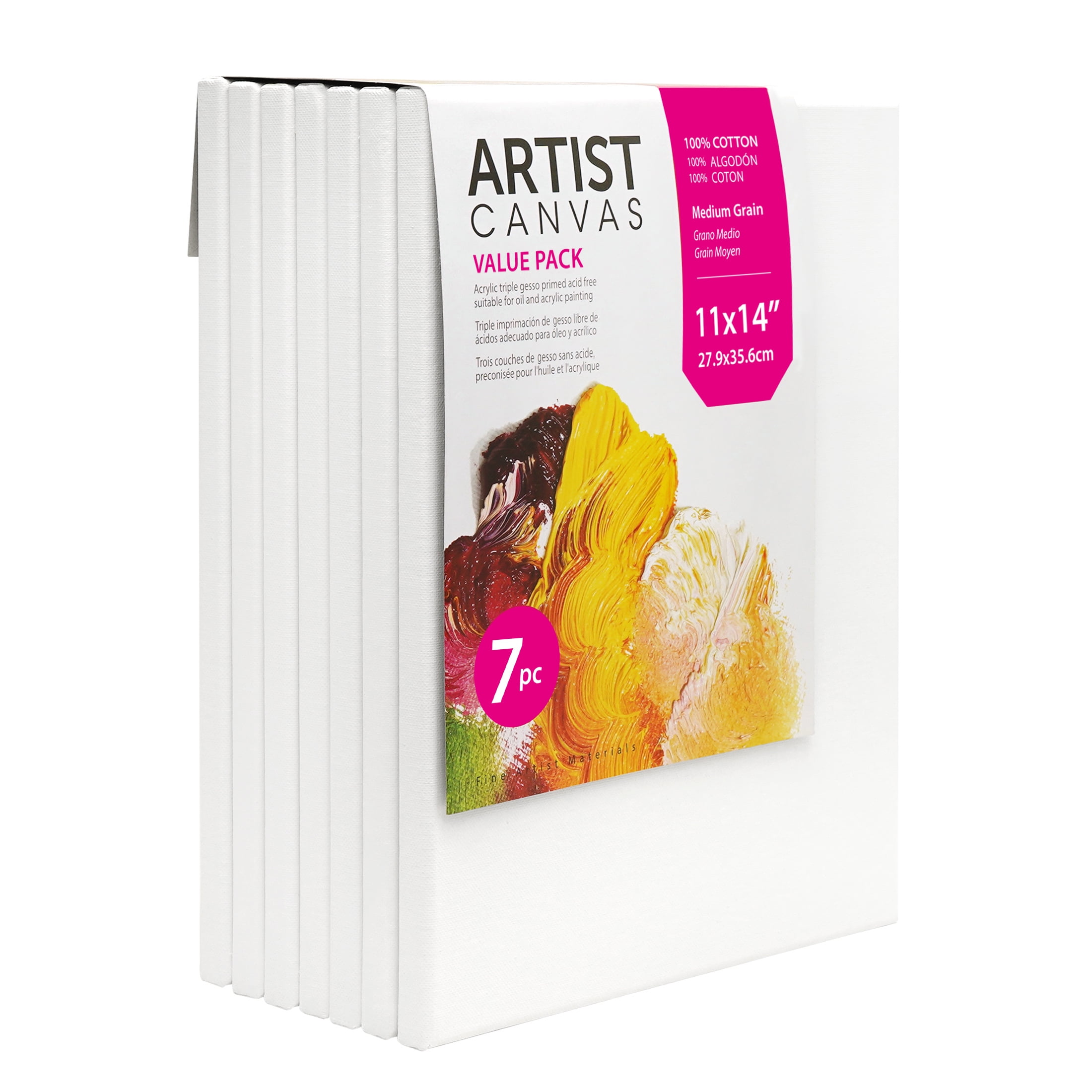 (2 pack) Studio Stretched Canvas, 11"X14", 7 Pack, 100% Cotton Acid Free, White, Academic Canvas, For All Skill Levels