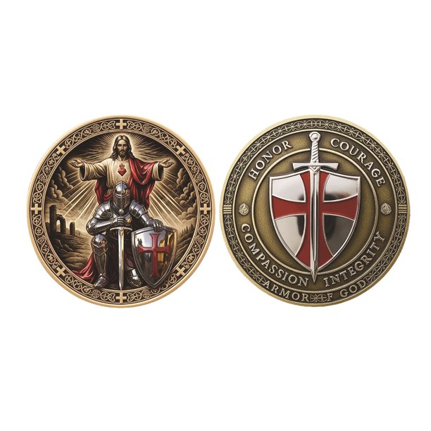 Moneda de desafío cristiana del Santo Guardián, diseño de oración del Caballero, moneda conmemorativa, simbolismo de fe, don espiritual.