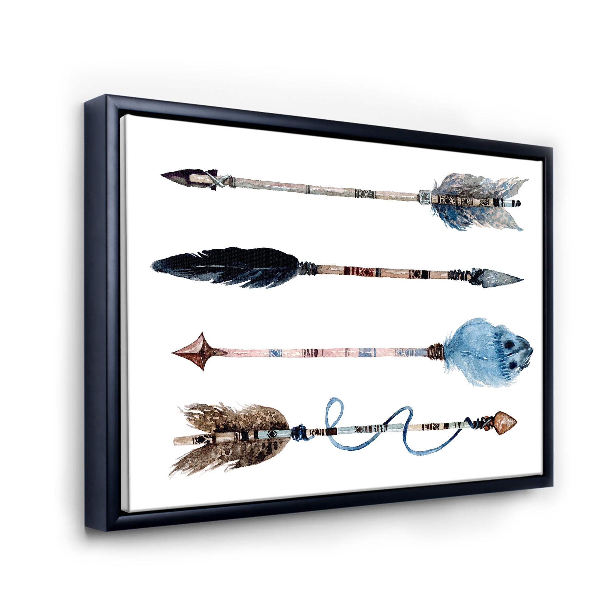 Designart 'Flowers and Ethnic Feathers On Native Arrows IV' Bohemian & Eclectic Framed Canvas Wall Art Print