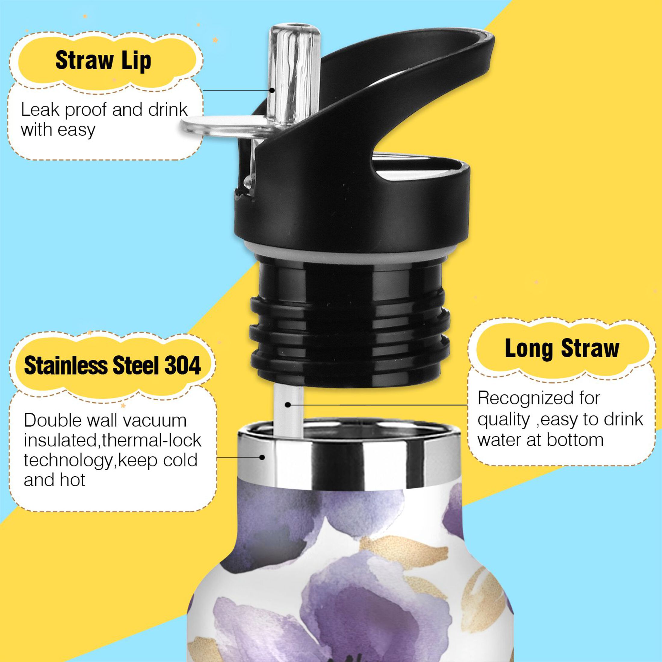 600ML Stainless Steel Insulated Cup Sports Water Bottle Portable Thermos Cup Water Glasses Insulated Tumblers Convenient and Durable Purple Flower Pattern